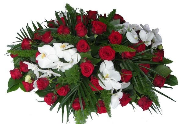 rouwstuk rode roos en orchidee